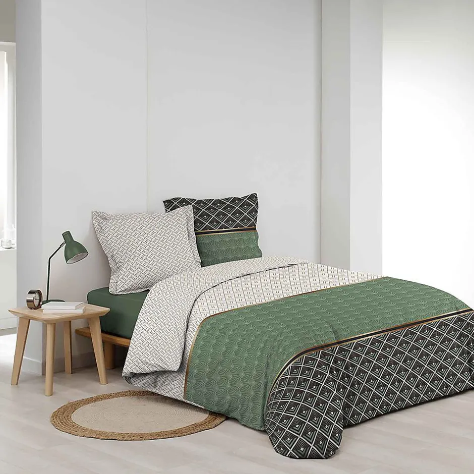 Douceur D'Intérieur PARURE 3 P. 240 x 220 CM PERCALE IMP. 78 FILS ALLOVER BELOR - 220x240cm - Vert kaki