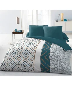 Home Linge Passion Parure de couette Microfibre ETHNO 220x240cm et 2 taies d'oreillers 63x63cm Bleu Canard