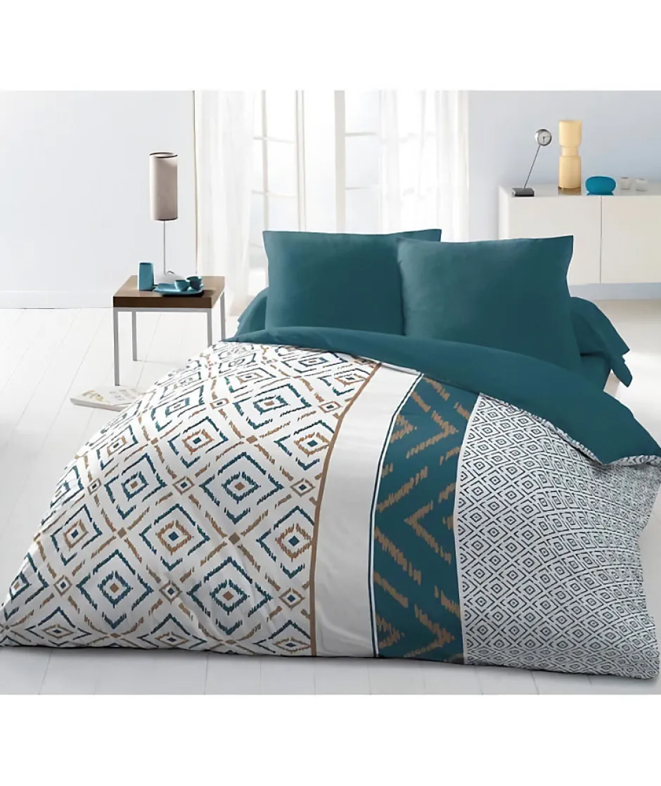Home Linge Passion Parure de couette Microfibre ETHNO 220x240cm et 2 taies d'oreillers 63x63cm Bleu Canard
