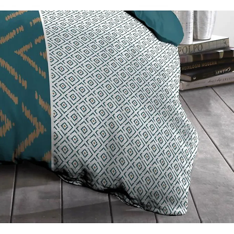 Home Linge Passion Parure de couette Microfibre ETHNO 220x240cm et 2 taies d'oreillers 63x63cm Bleu Canard