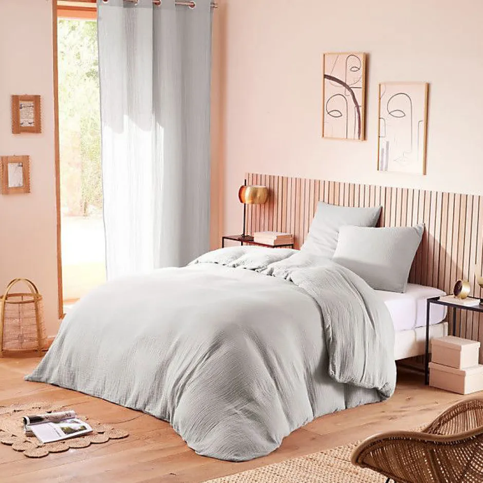 Coton Pur Parure de couette "Noah" Gaze de Coton 260 x 240 pour lit 2 Places "King Size" 160 à 180 cm - Noah Perle