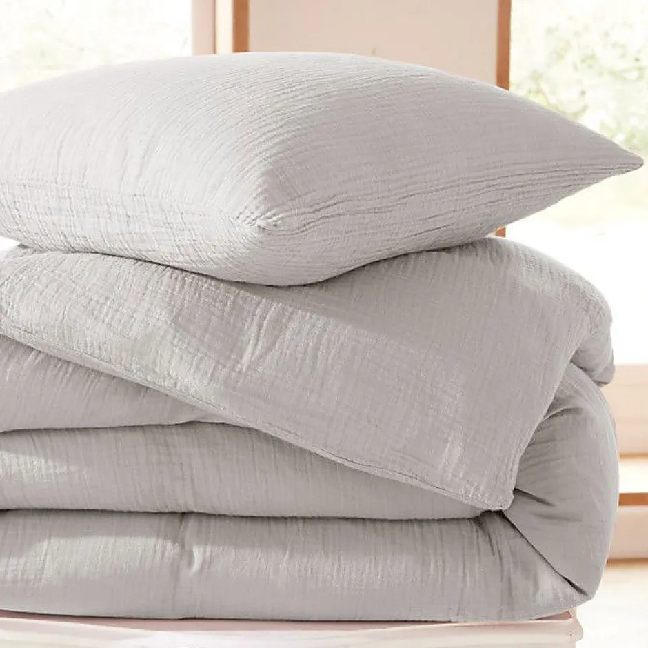 Coton Pur Parure de couette "Noah" Gaze de Coton 260 x 240 pour lit 2 Places "King Size" 160 à 180 cm - Noah Perle
