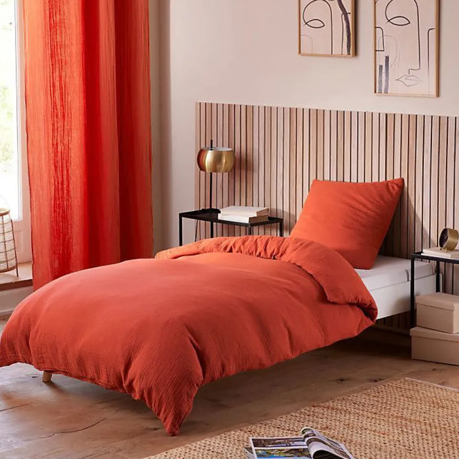 Coton Pur Parure de couette "Noah" Gaze de Coton 140 x 200 pour lit 1 place - Noah Terracotta Hot