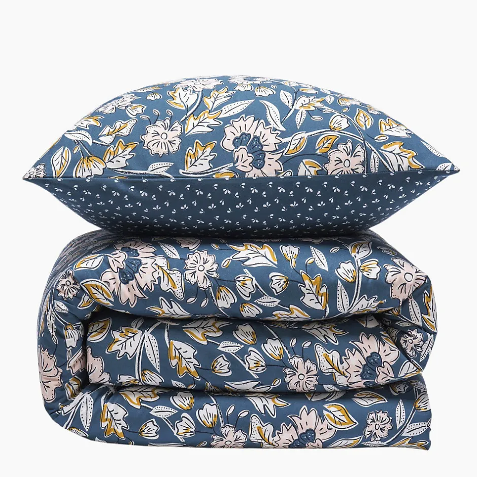 Future Home Parure de lit 2 personnes en percale 70 fils imprimé bleu