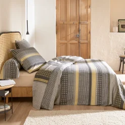 Linnea Parure de lit 2 pièces : housse 140x200 cm taie 65x65 cm 100% flanelle de coton JULES gris/jaune Best
