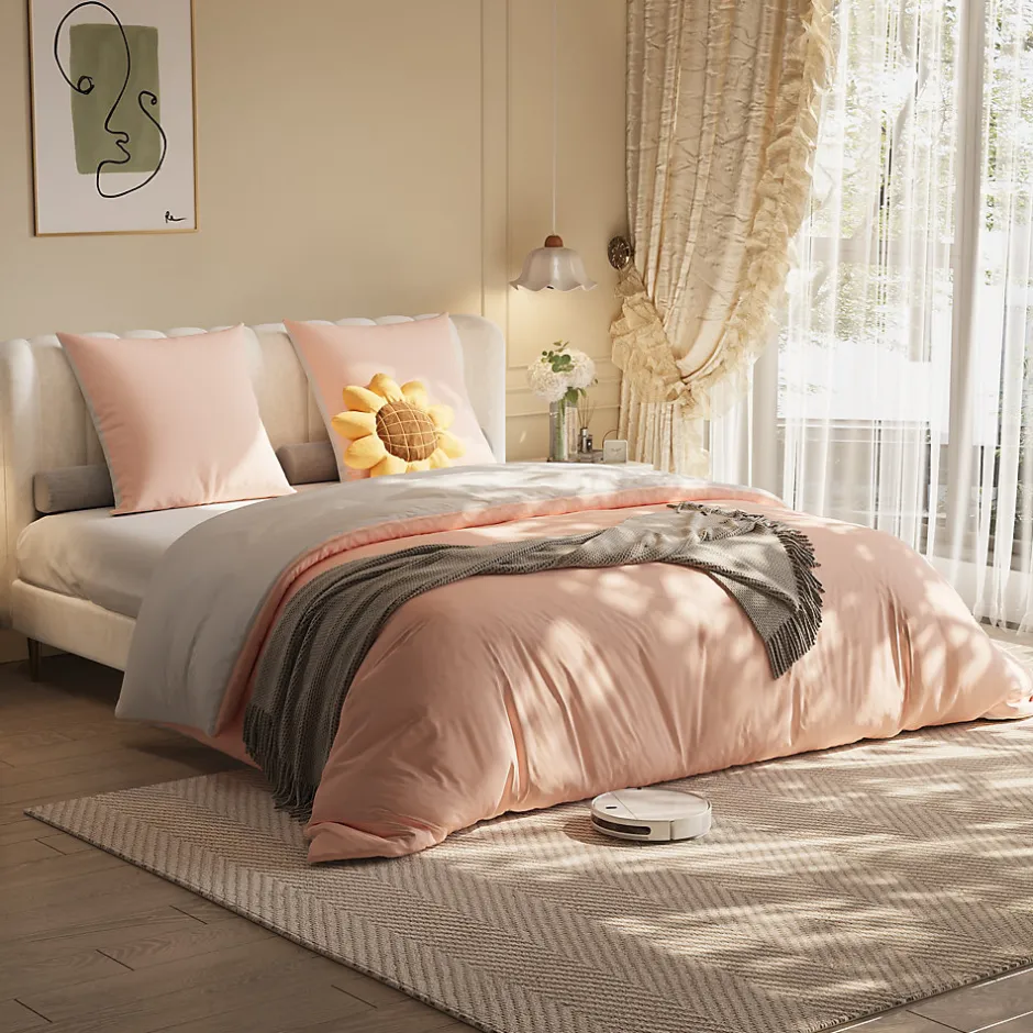 Simple Life Parure de lit 4 pièces en polyester 160x200 cm, motif à carreaux style coton, résistante aux plis et à la décoloration - Rose
