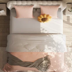 Simple Life Parure de lit 4 pièces en polyester 160x200 cm, motif à carreaux style coton, résistante aux plis et à la décoloration - Rose