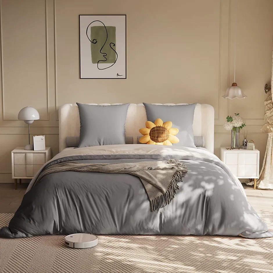 ProximaX Parure de lit 4 pièces en Polyester, 160 x 200 cm, motif à carreaux esthétique en coton, résistante aux Plis , Gris