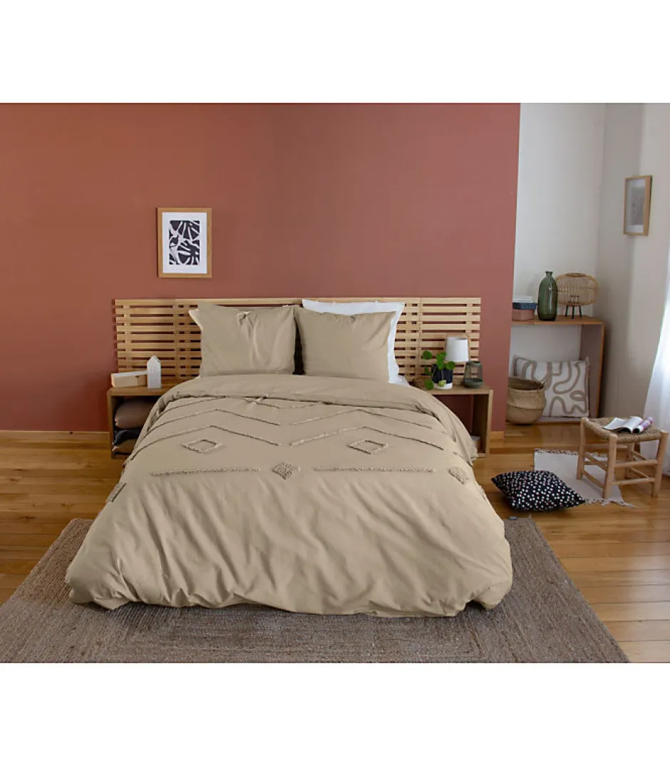 Côté Déco Parure de lit AKOE - 240x220 cm - Coton lavé tufté - 52 fils,cm² - 220x240cm - Taupe