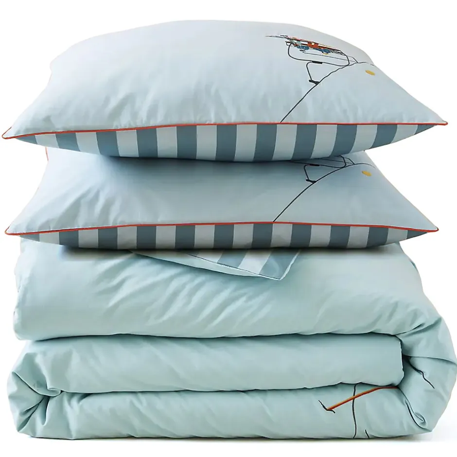 Linnea Parure de lit brodée 3 pièces : housse 200x200 cm et taies 50x80 cm en percale de coton PASSE MONTAGNE bleu givré
