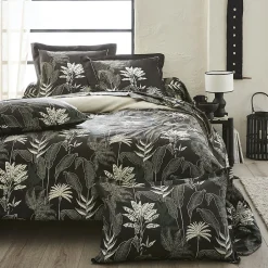 Tradilinge Parure de lit en satin aux feuilles tropicales (200x200 cm - Gris anthracite)
