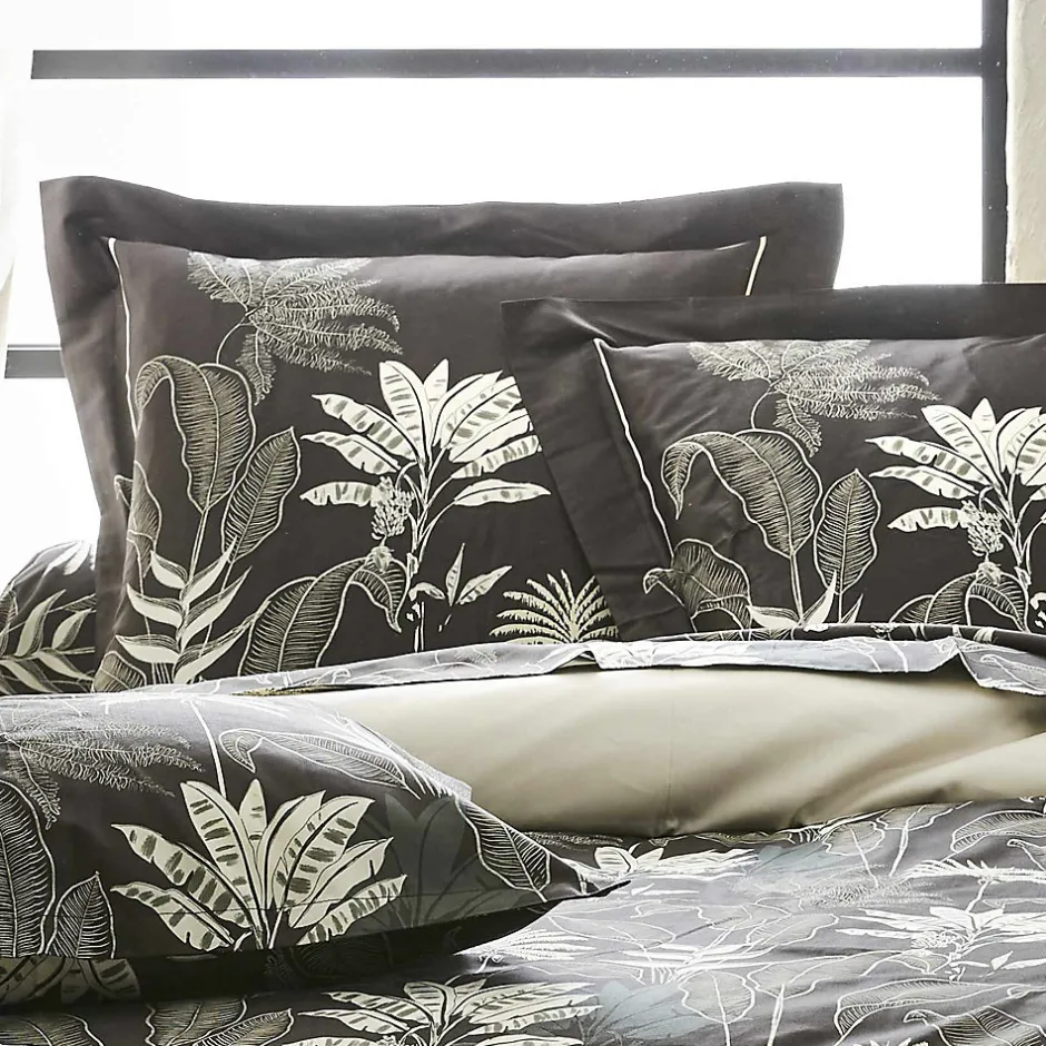 Tradilinge Parure de lit en satin aux feuilles tropicales (200x200 cm - Gris anthracite)