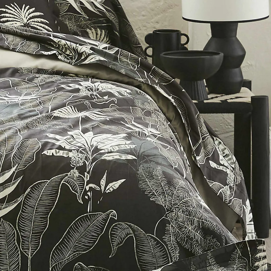 Tradilinge Parure de lit en satin aux feuilles tropicales (200x200 cm - Gris anthracite)