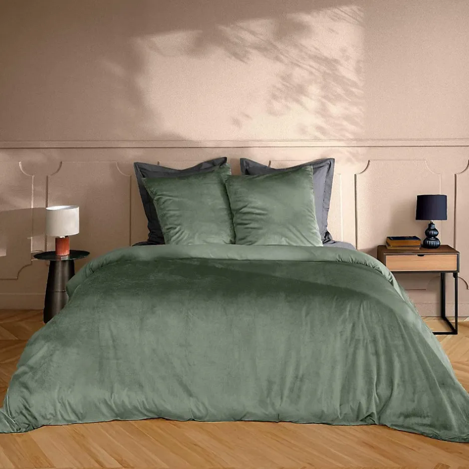 Douceur D'Intérieur Parure de lit en velours uni (240x220 cm - Kaki) Online