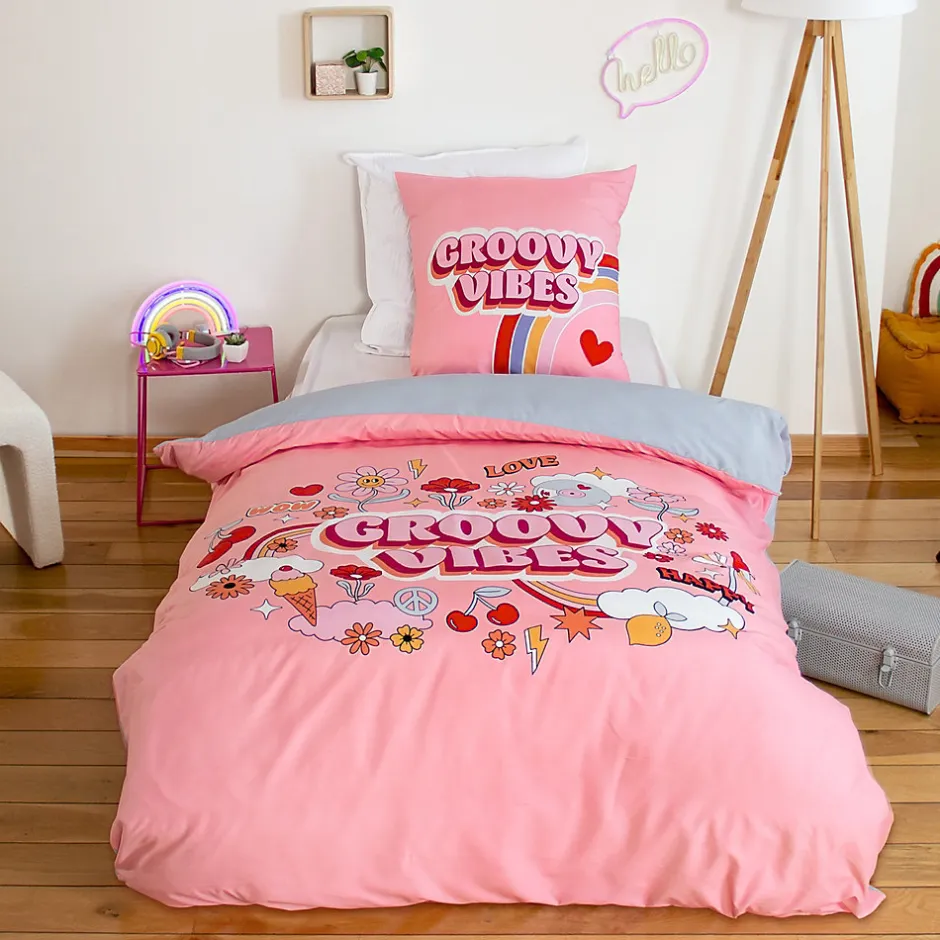 Linnea Parure de lit enfant GROOVY VIBES 140x200 cm en microfibre rose 2 pièces