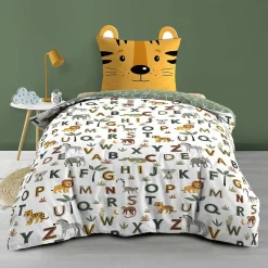 Douceur D'Intérieur Parure de lit enfant TIGRY 140x200 cm 100% coton 1 taie tête de tigre Réversible alphabet & jungle