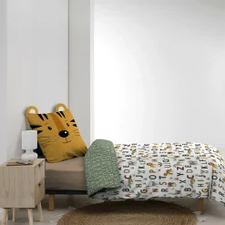 Douceur D'Intérieur Parure de lit enfant TIGRY 140x200 cm 100% coton 1 taie tête de tigre Réversible alphabet & jungle