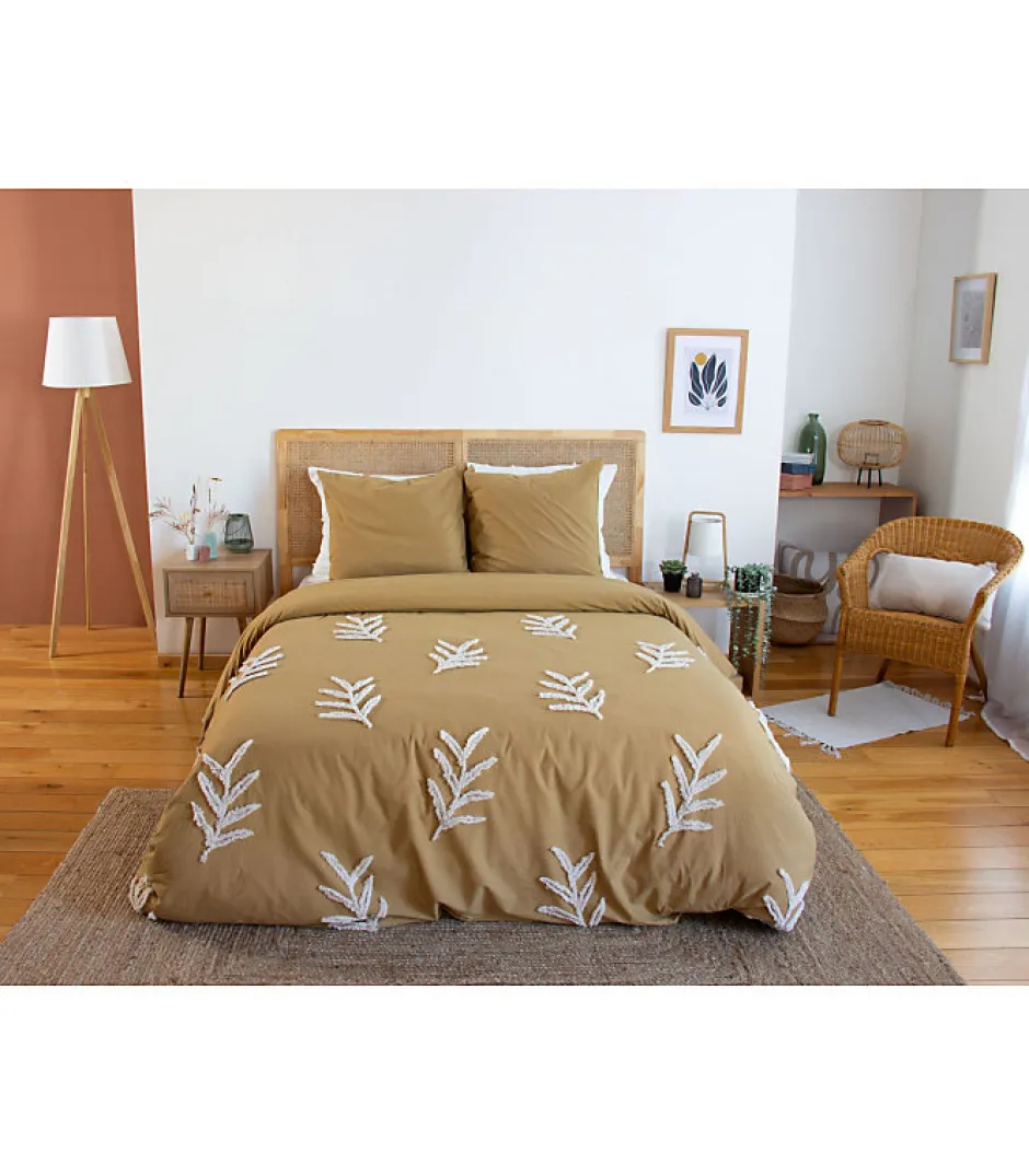 Côté Déco Parure de lit FEUILLU - 240x220 cm - Coton lavé tufté - 52 fils,cm² - Moutarde - 220x240cm - Moutarde