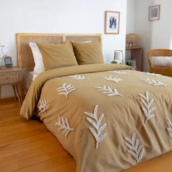 Côté Déco Parure de lit FEUILLU - 240x220 cm - Coton lavé tufté - 52 fils,cm² - Moutarde - 220x240cm - Moutarde
