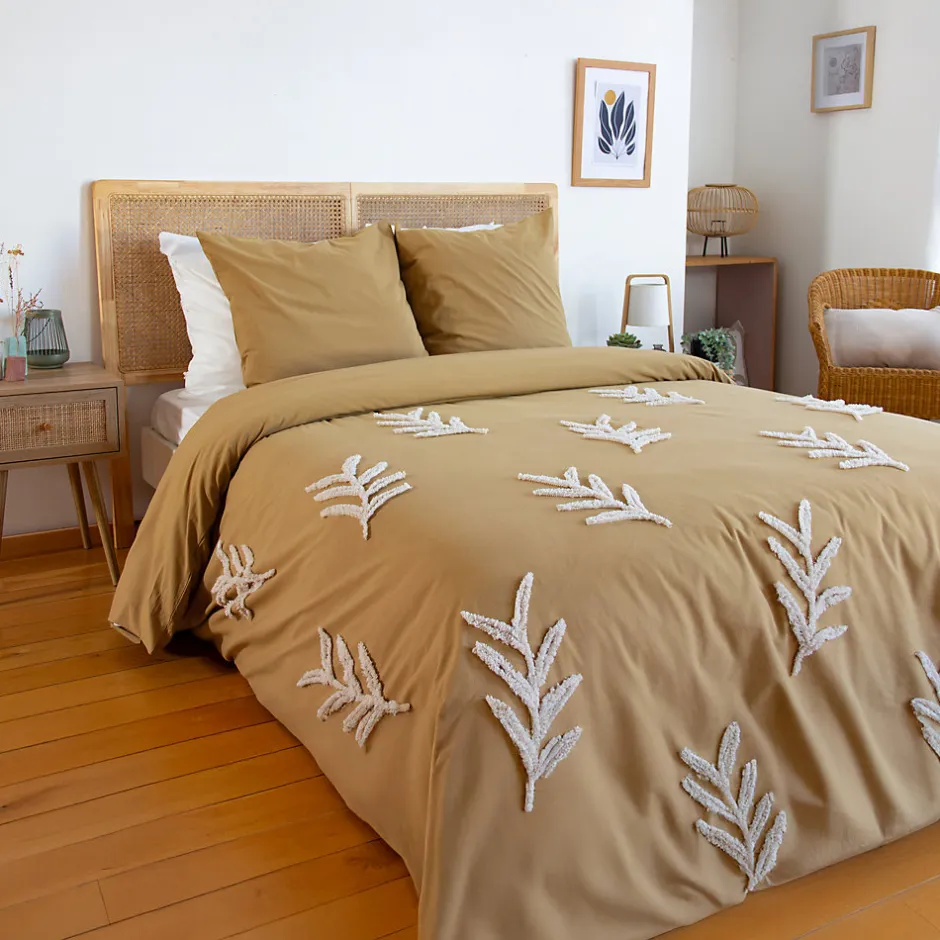 Côté Déco Parure de lit FEUILLU - 240x220 cm - Coton lavé tufté - 52 fils,cm² - Moutarde - 220x240cm - Moutarde