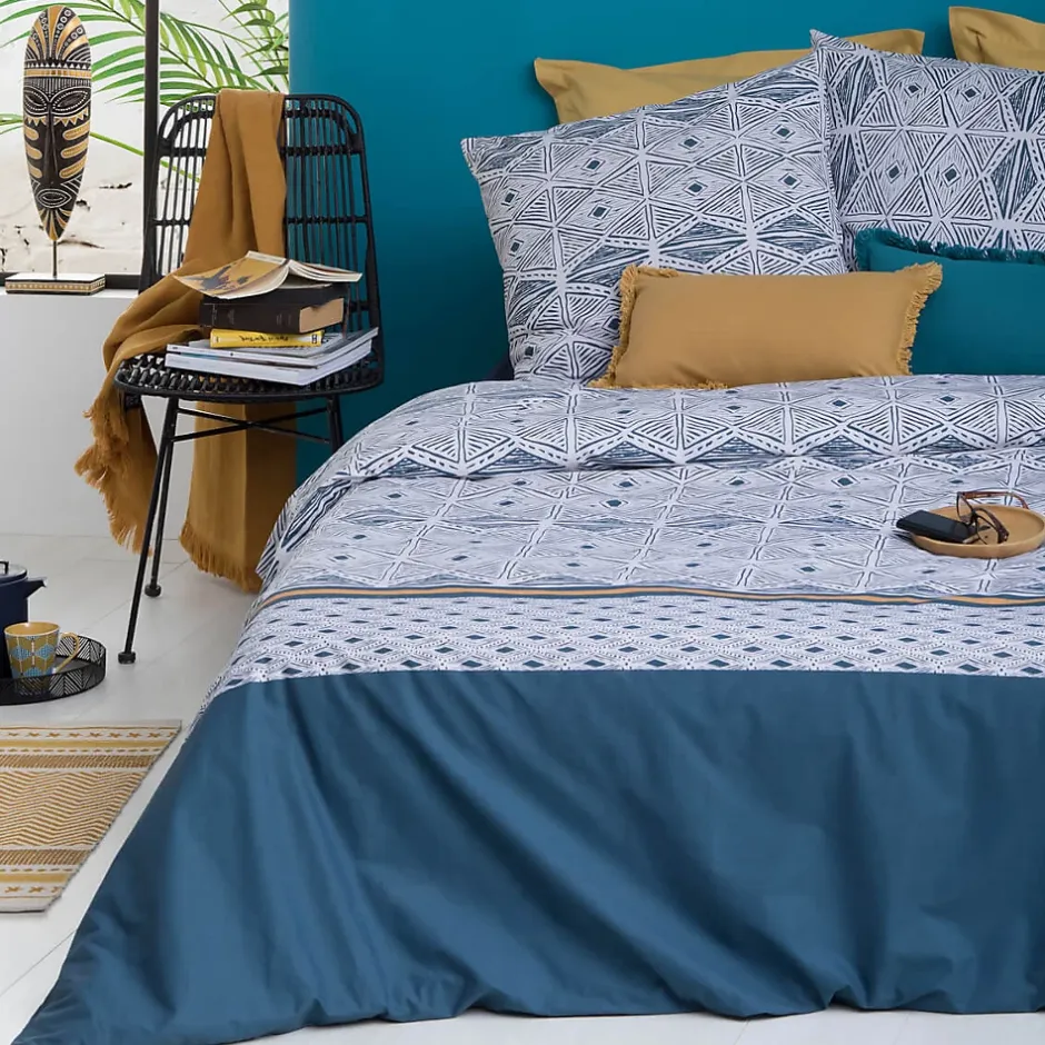 Atmosphera Créateur D'Intérieur Parure de lit imprimée Tihora - percale - bleu - 240x220 cm - Atmosphera
