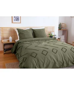 Côté Déco Parure de lit KAYL - 240x220 cm - Coton BCI lavé tufté - 52 fils,cm² - Kaki - 220x240cm - Vert kaki Discount