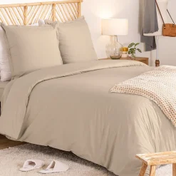 Atmosphera Créateur D'Intérieur Parure de lit Landiha Percale beige lin 260x240cm - Atmosphera