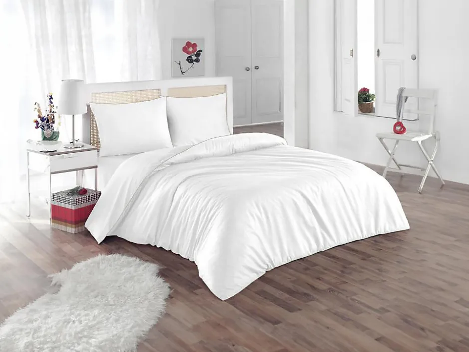 Vente-unique Parure de lit percale de coton 80 fils/cm² - Housse de couette 220 x 240 cm + 2 taies d'oreiller 63 x 63 cm - Blanc passepoil