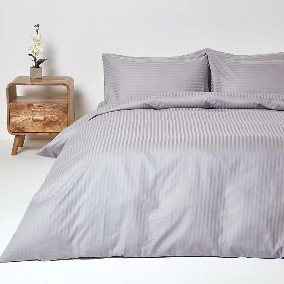 Homescapes Parure de lit satin rayé en coton égyptien 330 fils gris, 200x200cm -