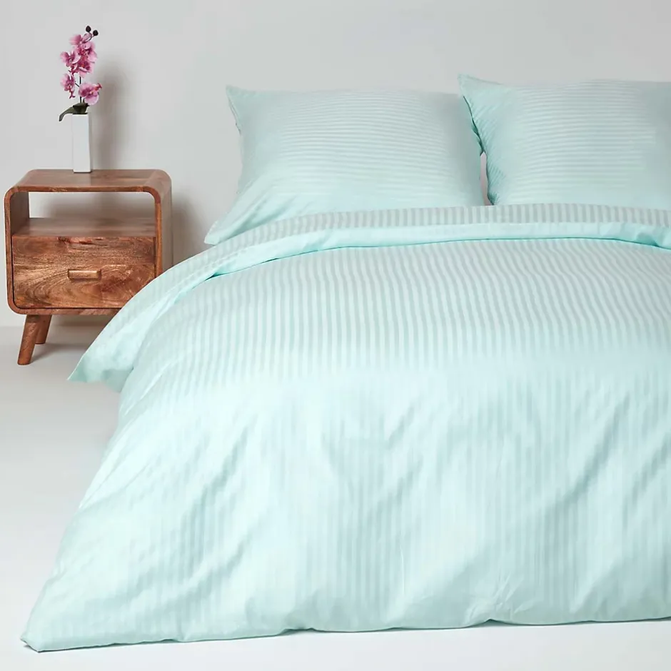 Homescapes Parure de lit satin rayé en coton égyptien 330 fils bleu, 155x220cm -