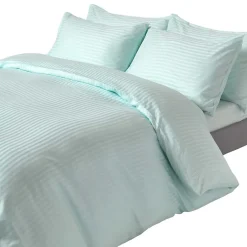 Homescapes Parure de lit satin rayé en coton égyptien 330 fils bleu, 200x200cm -