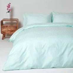 Homescapes Parure de lit satin rayé en coton égyptien 330 fils bleu, 230x220cm -