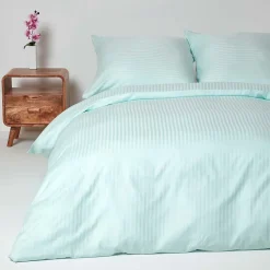 Homescapes Parure de lit satin rayé en coton égyptien 330 fils bleu, 240x220cm - Online