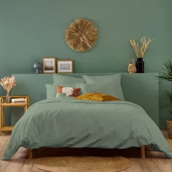 Bleu Calin Parure de lit unie 2 personnes 240x260cm PERCALE SAUGE