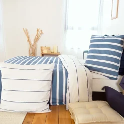 Linnea Parure de lit 240x220 cm coton BCI adouci STRIPES Bleu 3 pièces Discount