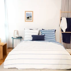 Linnea Parure de lit 240x220 cm coton BCI adouci STRIPES Bleu 3 pièces Discount