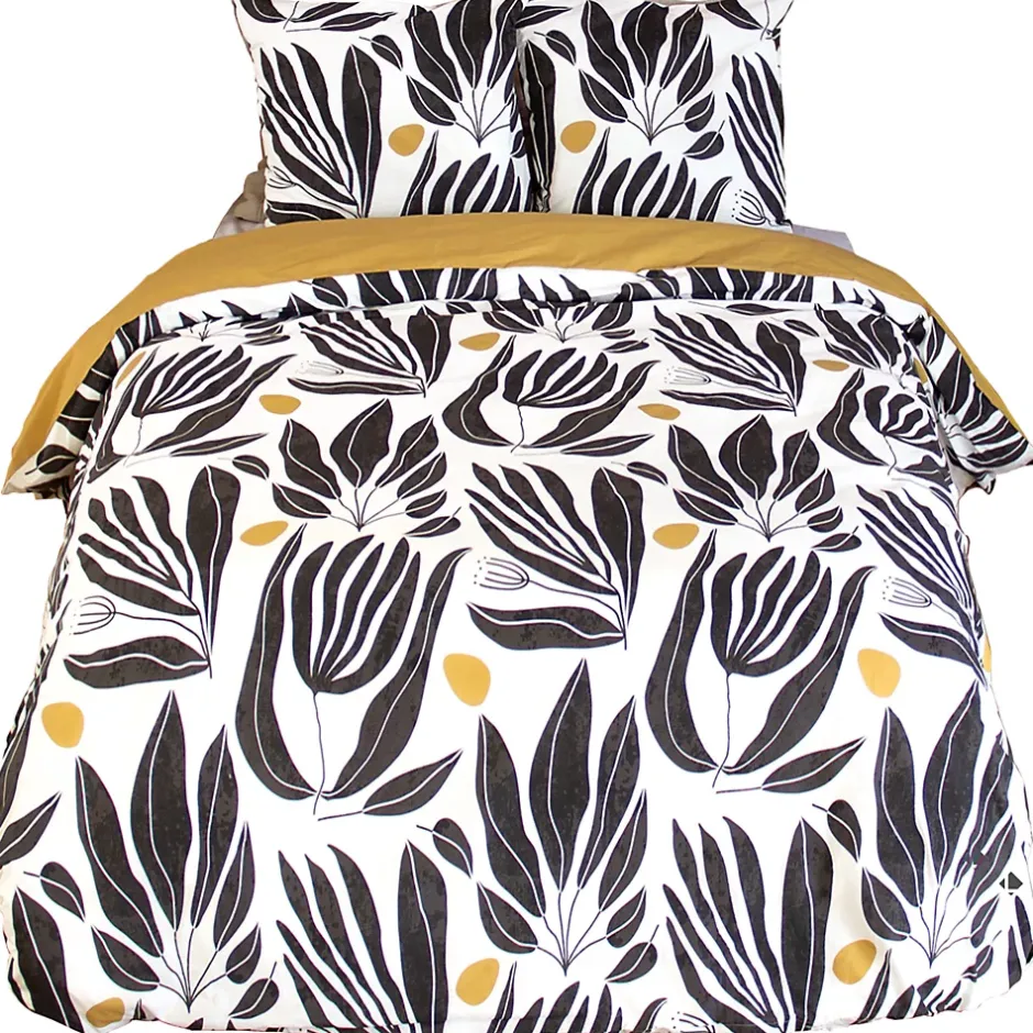 Linnea Parure de lit 260x240 cm en coton NOLIE motif feuillage blanc et jaune 3 pièces New