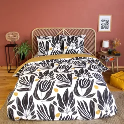 Linnea Parure de lit 260x240 cm en coton NOLIE motif feuillage blanc et jaune 3 pièces New