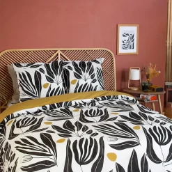 Linnea Parure de lit 260x240 cm en coton NOLIE motif feuillage blanc et jaune 3 pièces New
