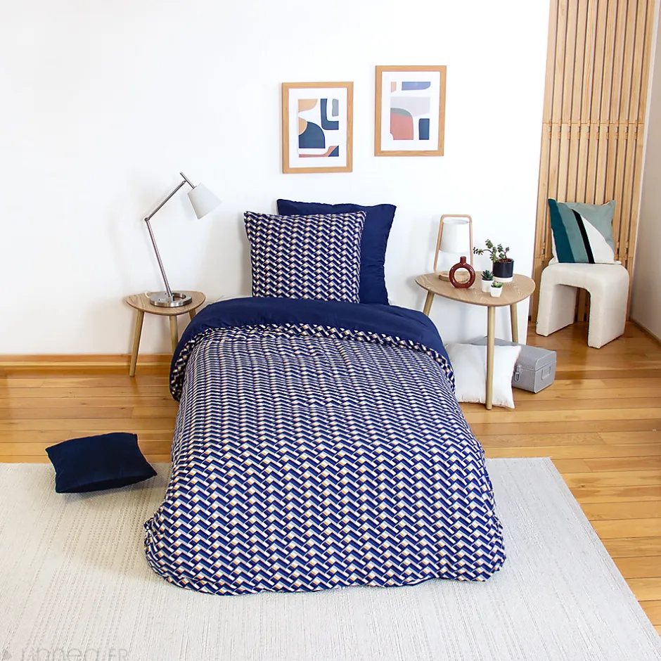 Linnea Parure de lit 140x200 cm en microfibre LOSS bleu foncé motif géométrique 2 pièces
