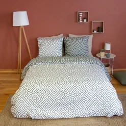 Linnea Parure de lit 240x220 cm en microfibre PARCHEMIN vert motif graphique 3 pièces