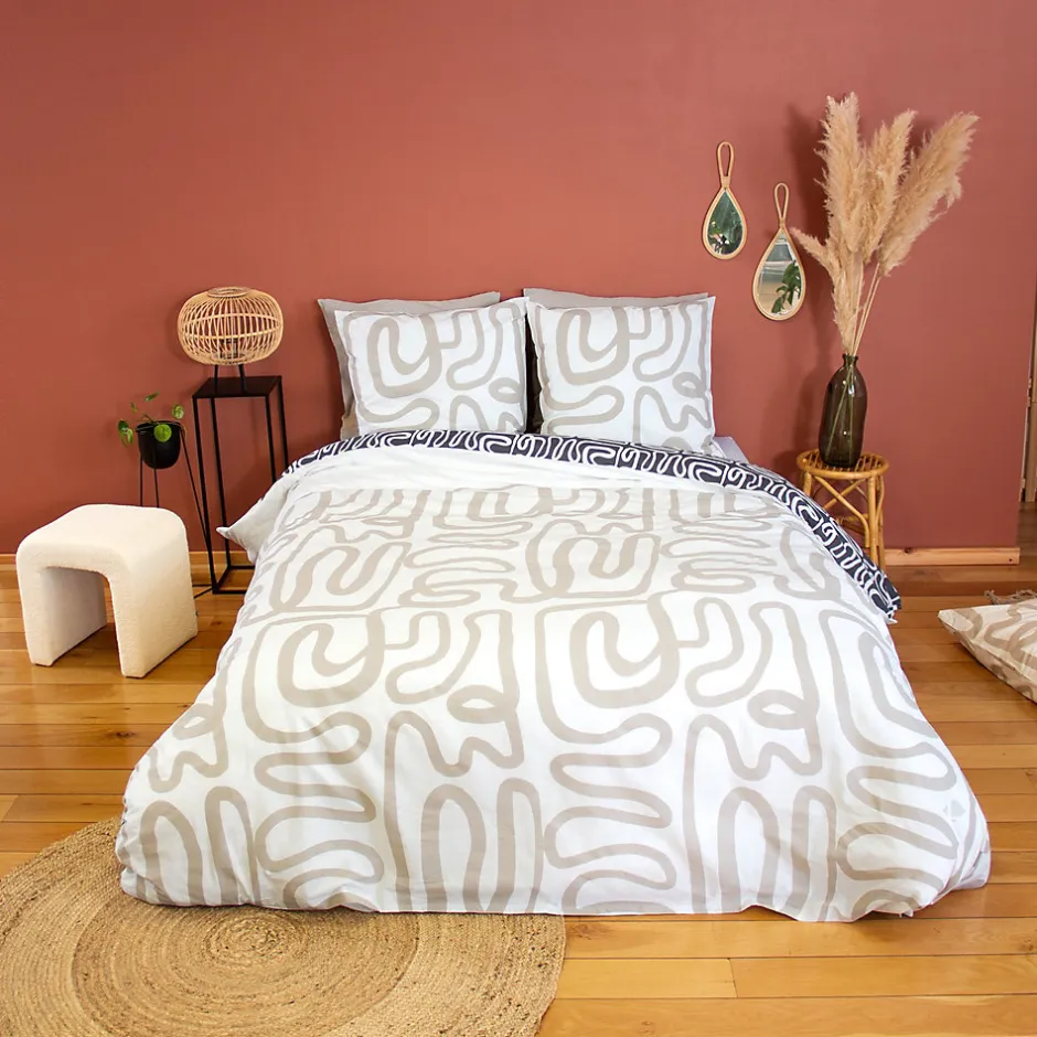 Linnea Parure de lit 240x220 cm pur coton collection SIDNIE blanc motif abstrait 3 pièces