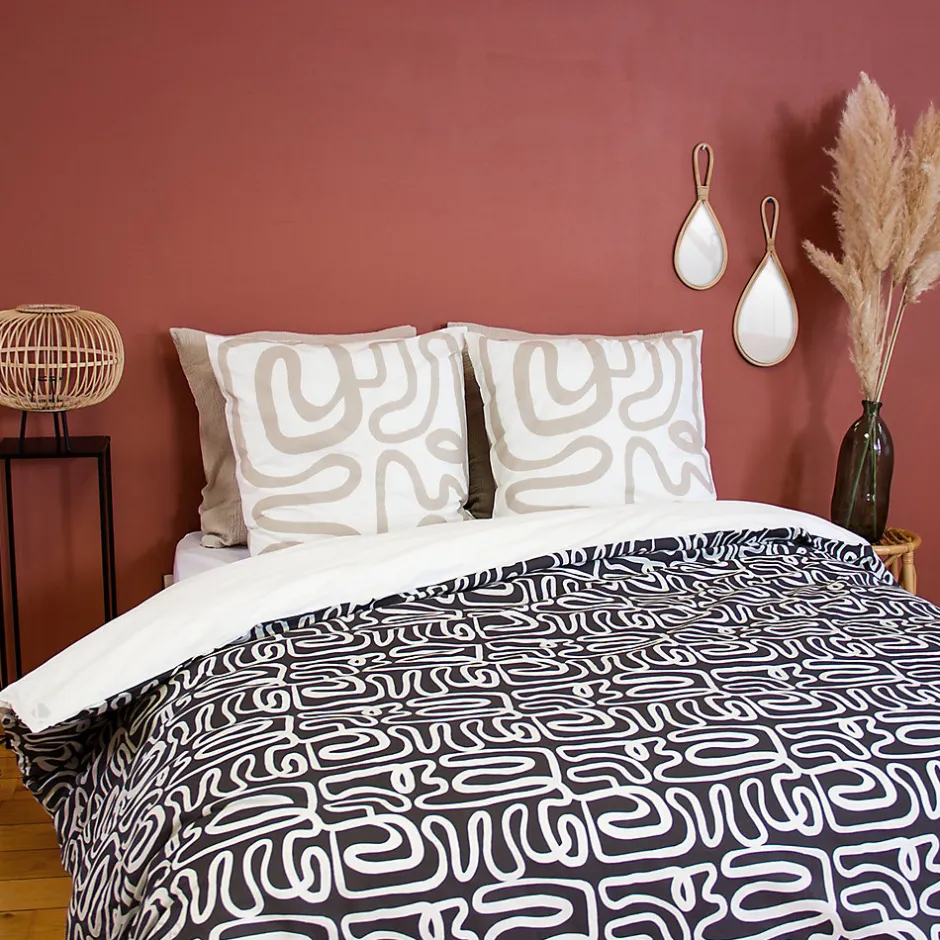 Linnea Parure de lit 240x220 cm pur coton collection SIDNIE blanc motif abstrait 3 pièces