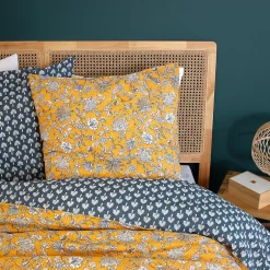 Linnea Parure de lit 260x240 cm pur coton ASCHWINI motif floral jaune 3 pièces