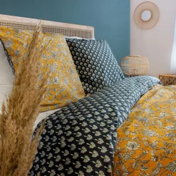 Linnea Parure de lit 260x240 cm pur coton ASCHWINI motif floral jaune 3 pièces