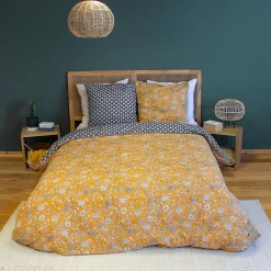 Linnea Parure de lit 240x220 cm pur coton ASCHWINI motif floral jaune 3 pièces