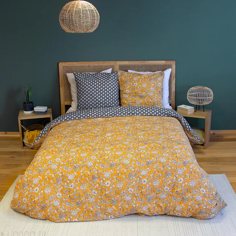 Linnea Parure de lit 240x220 cm pur coton ASCHWINI motif floral jaune 3 pièces