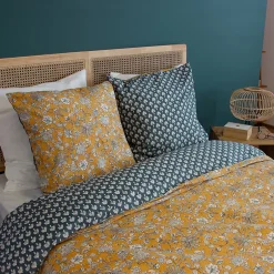 Linnea Parure de lit 240x220 cm pur coton ASCHWINI motif floral jaune 3 pièces