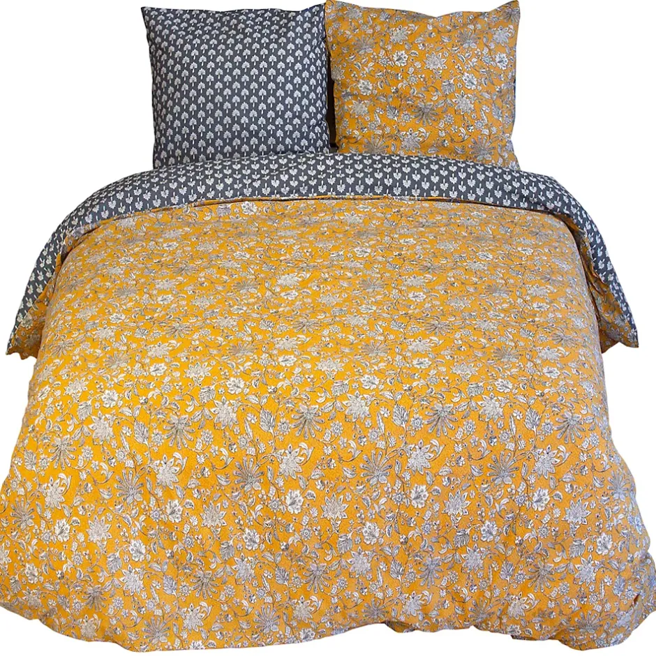 Linnea Parure de lit 240x220 cm pur coton ASCHWINI motif floral jaune 3 pièces