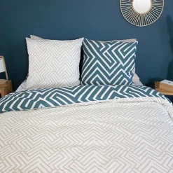 Linnea Parure de lit 240x220 cm pur coton PHOSY motif géométrique bleu 3 pièces